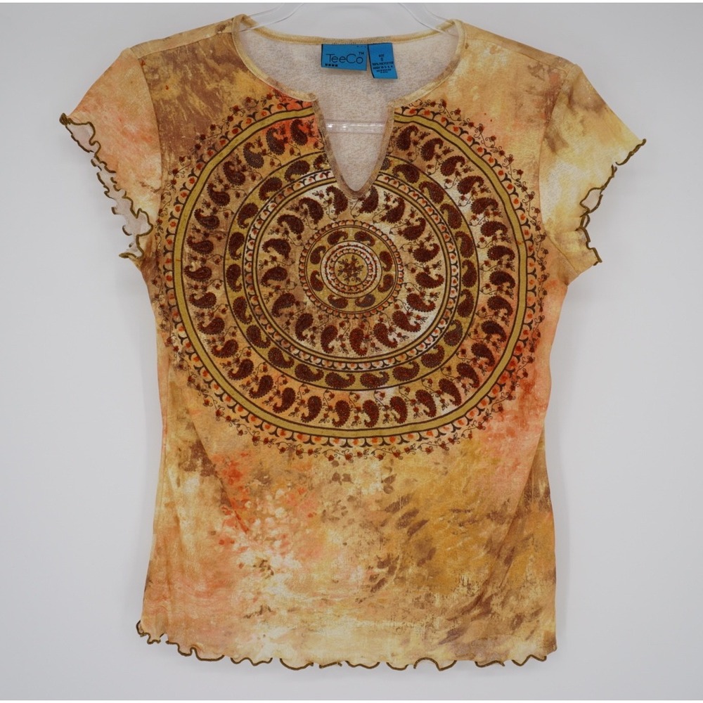 Teeco Y2K Mandala Print Split Neck Top‎ Earth Fairy Boho Tone Lettuce Edge Small